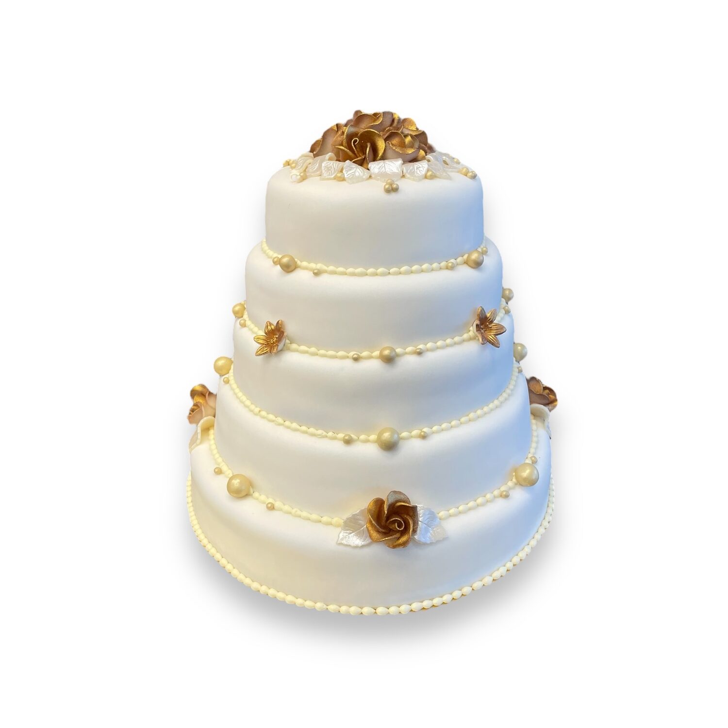 Witte etagetaart met gouden parels en roosjes